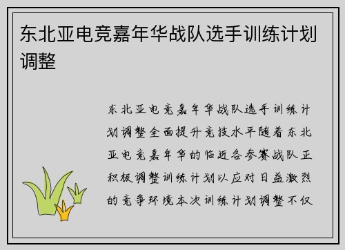 东北亚电竞嘉年华战队选手训练计划调整