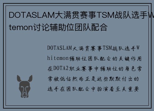 DOTASLAM大满贯赛事TSM战队选手Whitemon讨论辅助位团队配合